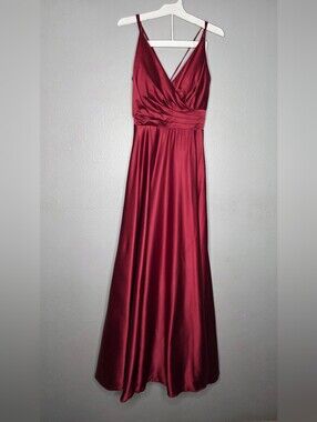 Fiesta Fashion Burgundy Satin Evening Gown with Slit and Shawl- Small